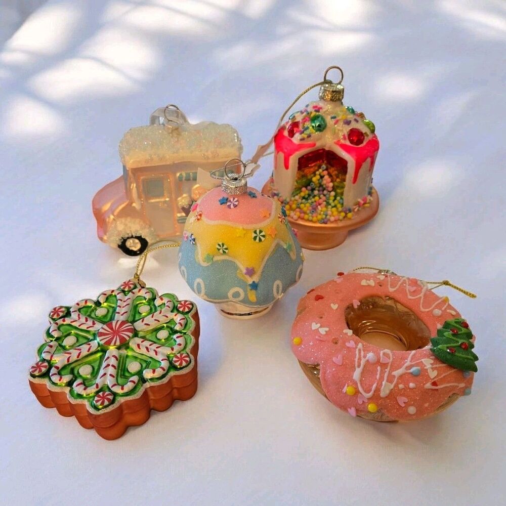 Glass Dessert Food Ornaments Pastel Whimsical Donut & Van Christmas Decor Set
